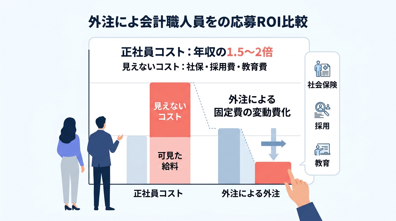 正社員採用や派遣と比較して、経理プロを外注するROI(投資対効果)はどの程度か?