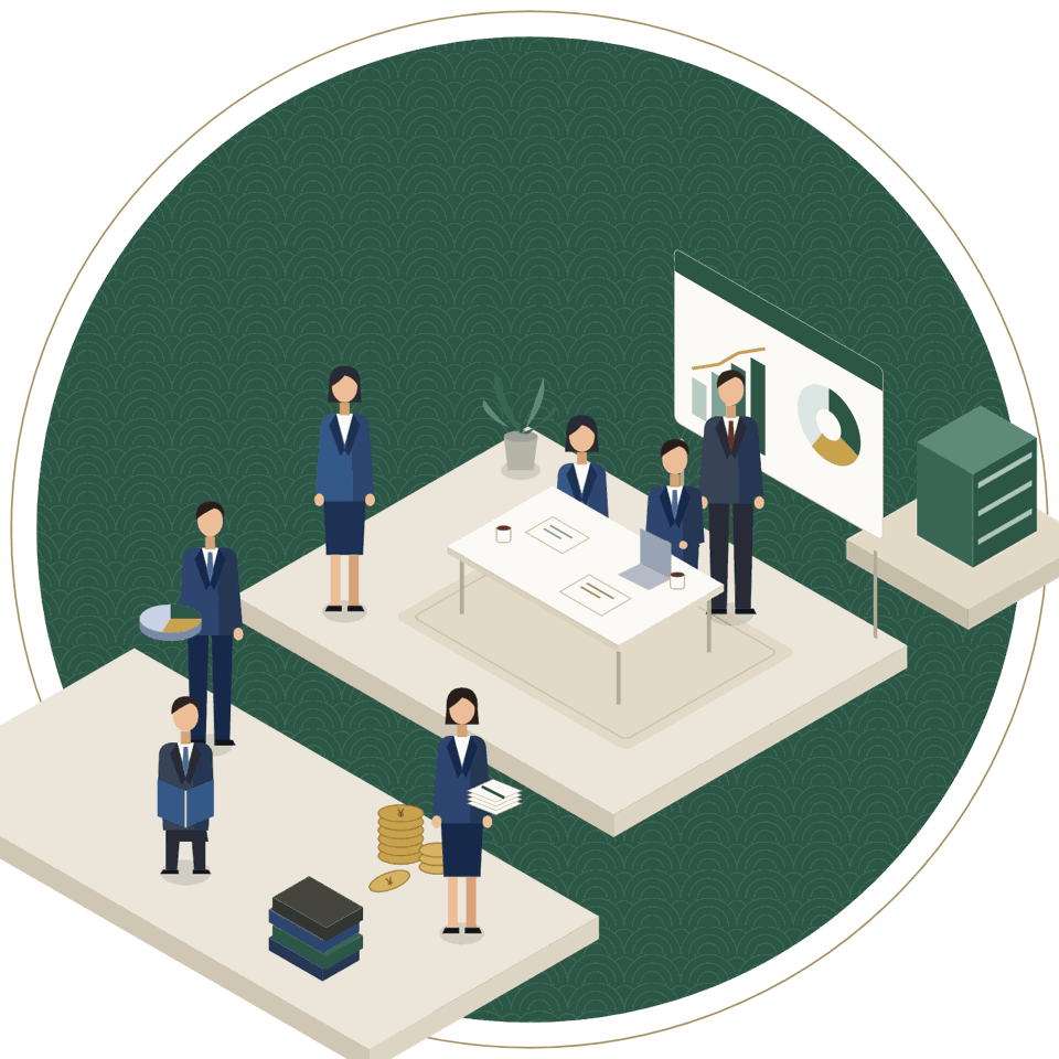 緑の円の中で、経理チームが打ち合わせや書類作業をしているイラスト
